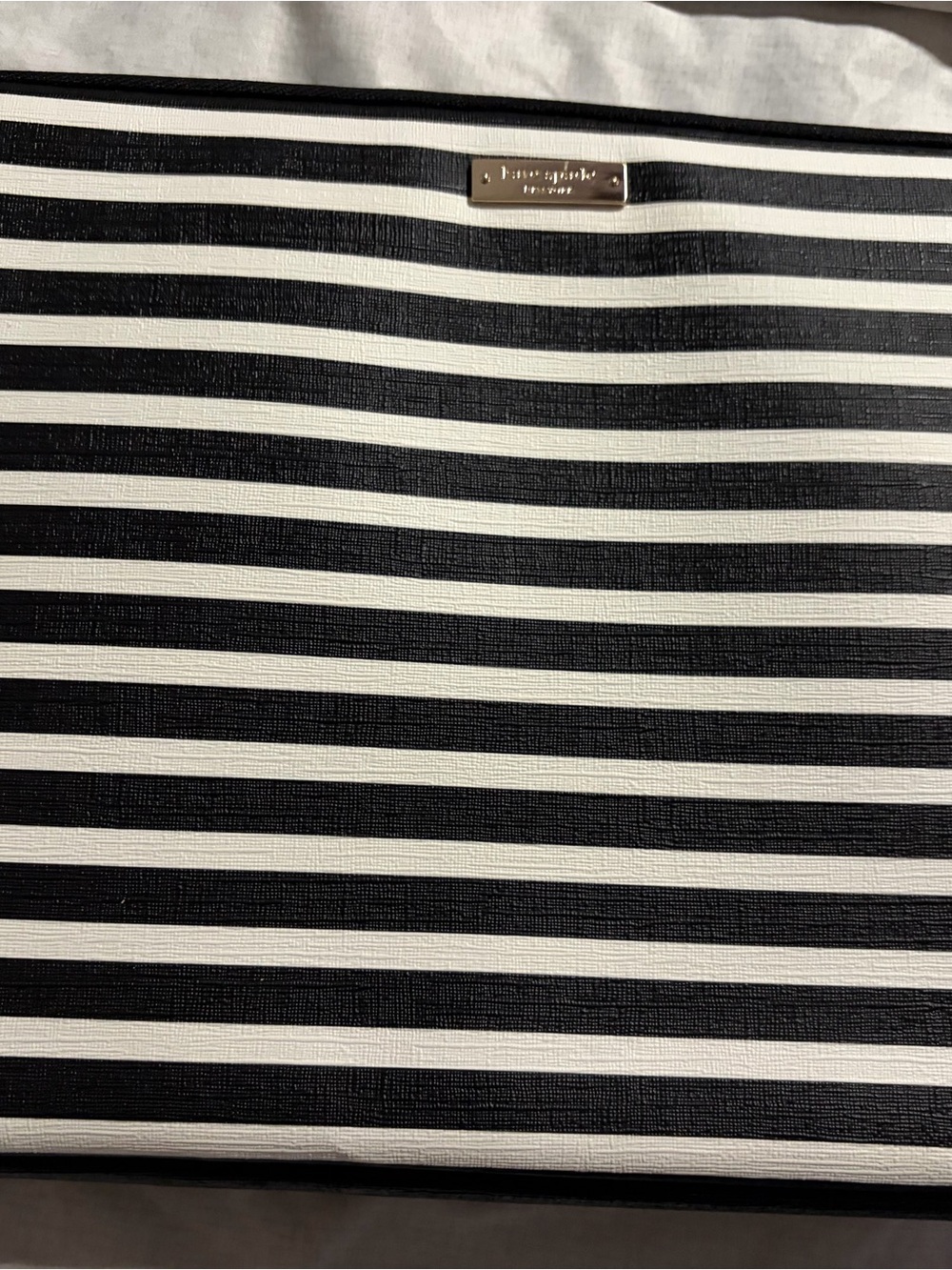 kate spade Black and White Striped Laptop Sleeve with Logo Plaque